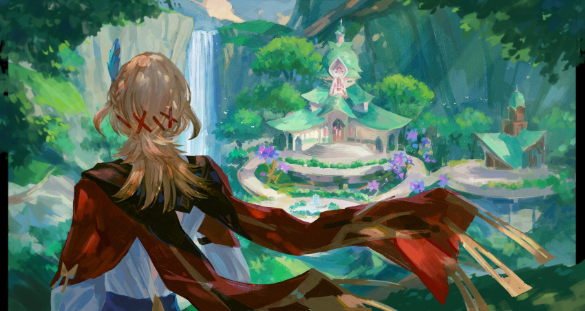 1boy absurdres blonde_hair building cape cliff cloud commentary day english_commentary facing_away feather_hair_ornament feathers forest fountain from_behind genshin_impact hair_ornament highres in-universe_location kaveh_(genshin_impact) light_rays long_hair long_sleeves male_focus mountain nature niluhong outdoors red_cape scenery shirt solo tree water waterfall white_shirt x_hair_ornament