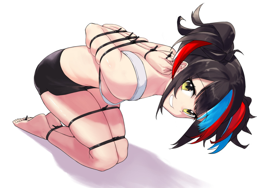 1girl absurdres arms_behind_back artist_request barefoot bdsm blue_hair bondage bound brown_hair cable_tie check_artist chimu_xingcheng commission fate/grand_order fate_(series) grin highres leaning_forward looking_at_viewer multicolored_hair red_hair reverse_prayer sei_shounagon_(fate) sei_shounagon_(swimsuit_berserker)_(fate) skindentation smile thumbcuffs toecuffs white_background yellow_eyes