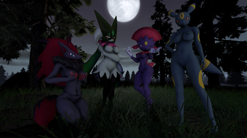 anthro breast_grab breasts eeveelution felid female forest generation_2_pokemon generation_4_pokemon generation_5_pokemon generation_9_pokemon group hand_on_breast hi_res holding_arm looking_at_viewer mammal meowscarada moon night nintendo nipples plant pokemon pokemon_(species) tree umbreon volcalest weavile zoroark