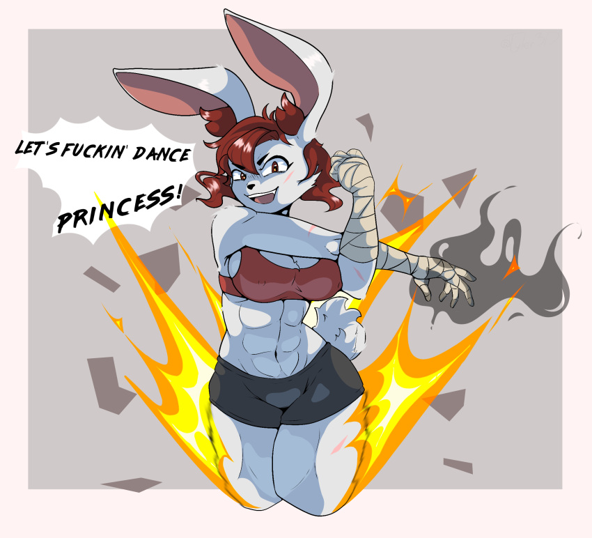 angry anthro atheletic big_breasts big_ears bottomwear bra breasts clothing female fire hair hi_res lagomorph leporid looking_at_viewer mammal muscular muscular_female profanity rabbit red_eyes red_hair scar shorts simple_background smoke solo sports_bra tyler_3d_(artist) underwear wraps