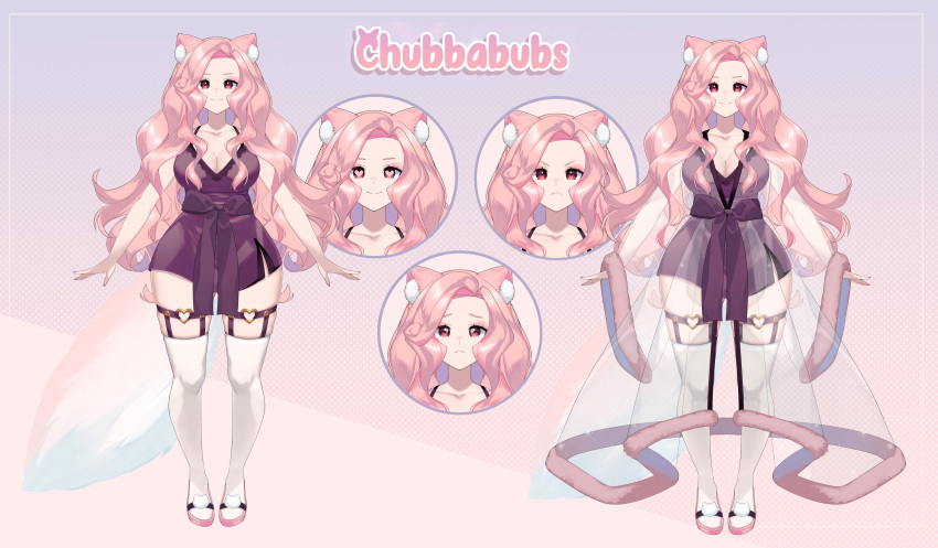 1girl absurdres animal_ear_fluff animal_ears arms_at_sides border breasts character_name chubbabubs cleavage close-up collarbone dress frown full_body fur_trim gradient_background heart heart-shaped_pupils highres honeykub indie_virtual_youtuber long_hair long_sleeves looking_at_viewer multiple_views open_hands pink_background pink_footwear pink_hair polka_dot polka_dot_background purple_background red_eyes second-party_source see-through see-through_dress smile split_mouth straight-on symbol-shaped_pupils tail thick_thighs thighhighs thighs v-shaped_eyebrows wavy_hair white_thighhighs wide_hips wide_sleeves zettai_ryouiki