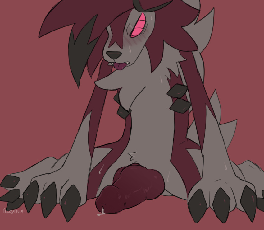 anthro aroused big_penis blush bodily_fluids clawed_fingers claws dripping erection fangs fizzynux fur generation_7_pokemon genital_fluids genitals hi_res humanoid_genitalia humanoid_penis hybrid_genitalia hybrid_penis in_heat kneeling kneeling_on_ground knot knotted_humanoid_penis looking_down lycanroc male midnight_lycanroc nintendo penis pokemon pokemon_(species) precum precum_drip red_body red_fur semi-anthro sitting solo sweat teeth toe_claws tongue tongue_out