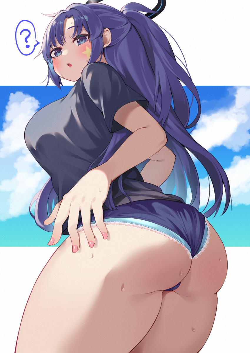 1girl ? absurdres ass bare_legs black_shirt blue_archive blue_buruma blue_panties blue_sky blush border breasts buruma bushinofuji cloud collarbone commentary_request gym_shirt gym_uniform halo highres large_breasts long_hair looking_at_viewer official_alternate_costume panties panties_under_buruma purple_hair shirt short_sleeves sky solo spoken_question_mark standing star_sticker sticker_on_face thick_thighs thighs underwear white_background yuuka_(blue_archive) yuuka_(track)_(blue_archive)