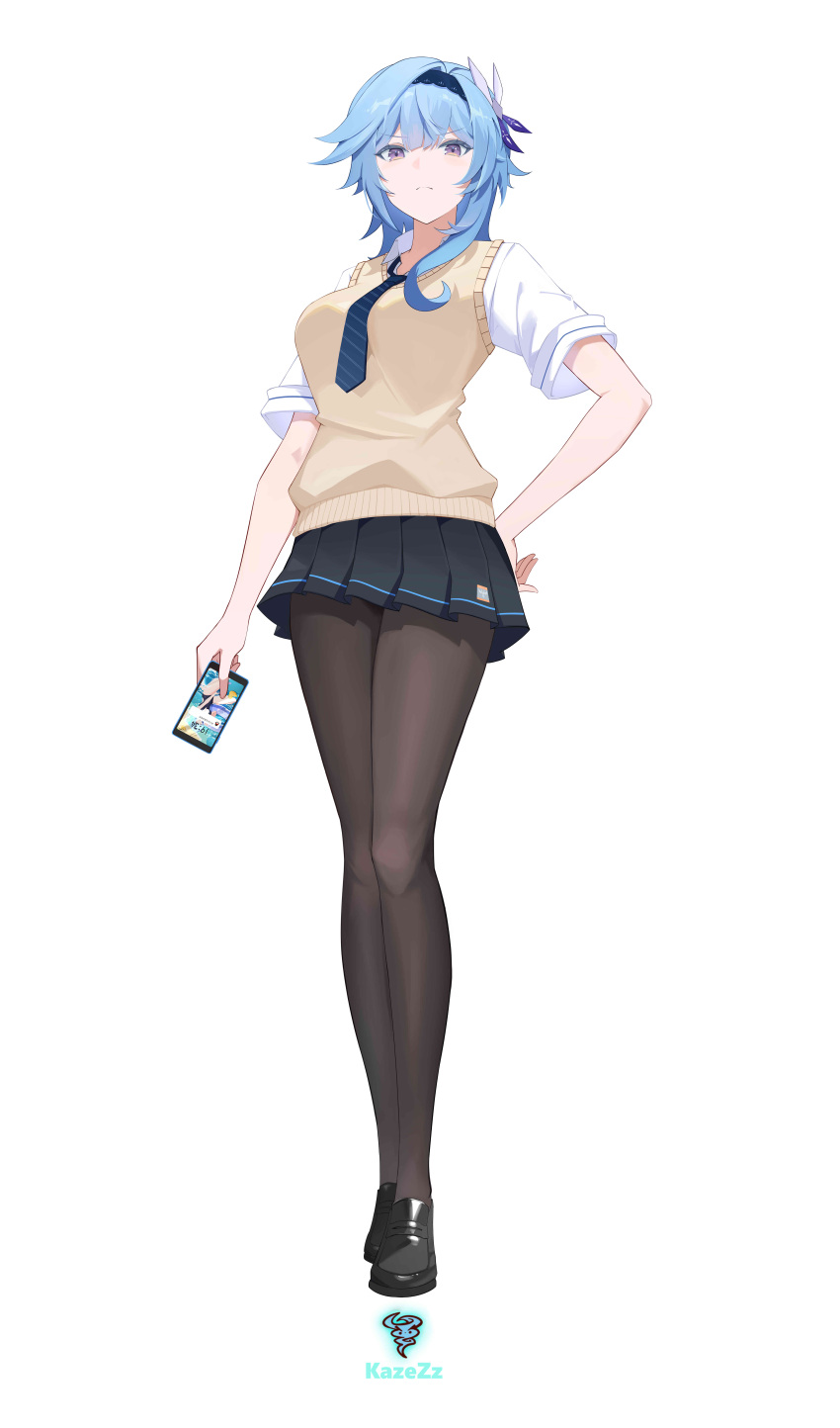 1girl absurdres alternate_costume artist_name black_footwear black_pantyhose blue_eyes blue_hairband blue_necktie cellphone closed_mouth collared_shirt commentary_request diagonal-striped_necktie eula_(genshin_impact) full_body genshin_impact hairband hand_on_own_hip highres holding holding_phone kazezz loafers long_hair looking_at_viewer necktie pantyhose phone pleated_skirt purple_eyes shirt shoes simple_background skirt smartphone solo sweater_vest vest white_background white_shirt yellow_vest