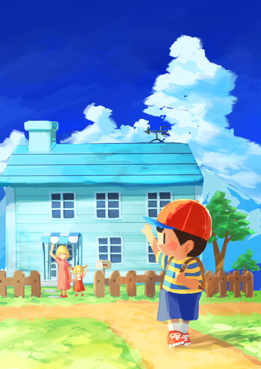 1boy 2girls absurdres backpack bag black_hair blue_shorts blush_stickers brown_bag chimney closed_eyes cloud dress fence grass highres house mailbox_(incoming_mail) miroku_(mirokusan36) mother_(game) mother_2 multiple_girls ness's_mother ness_(mother_2) outdoors path pinafore_dress pink_dress red_footwear shirt shorts sleeveless sleeveless_dress socks solid_oval_eyes striped striped_shirt tracy_(mother_2) tree waving white_socks
