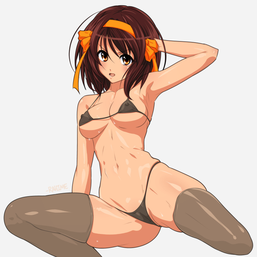 absurdres arm_up ass bikini blush breasts brown_hair cleavage collarbone covered_nipples curvy hair_ribbon highres light_frown long_bangs looking_at_viewer micro_bikini navel open_mouth rahime ribbon signature simple_background sitting spread_legs stomach suzumiya_haruhi suzumiya_haruhi_no_yuuutsu sweat swimsuit thighhighs thighs wet white_background yellow_eyes yellow_ribbon