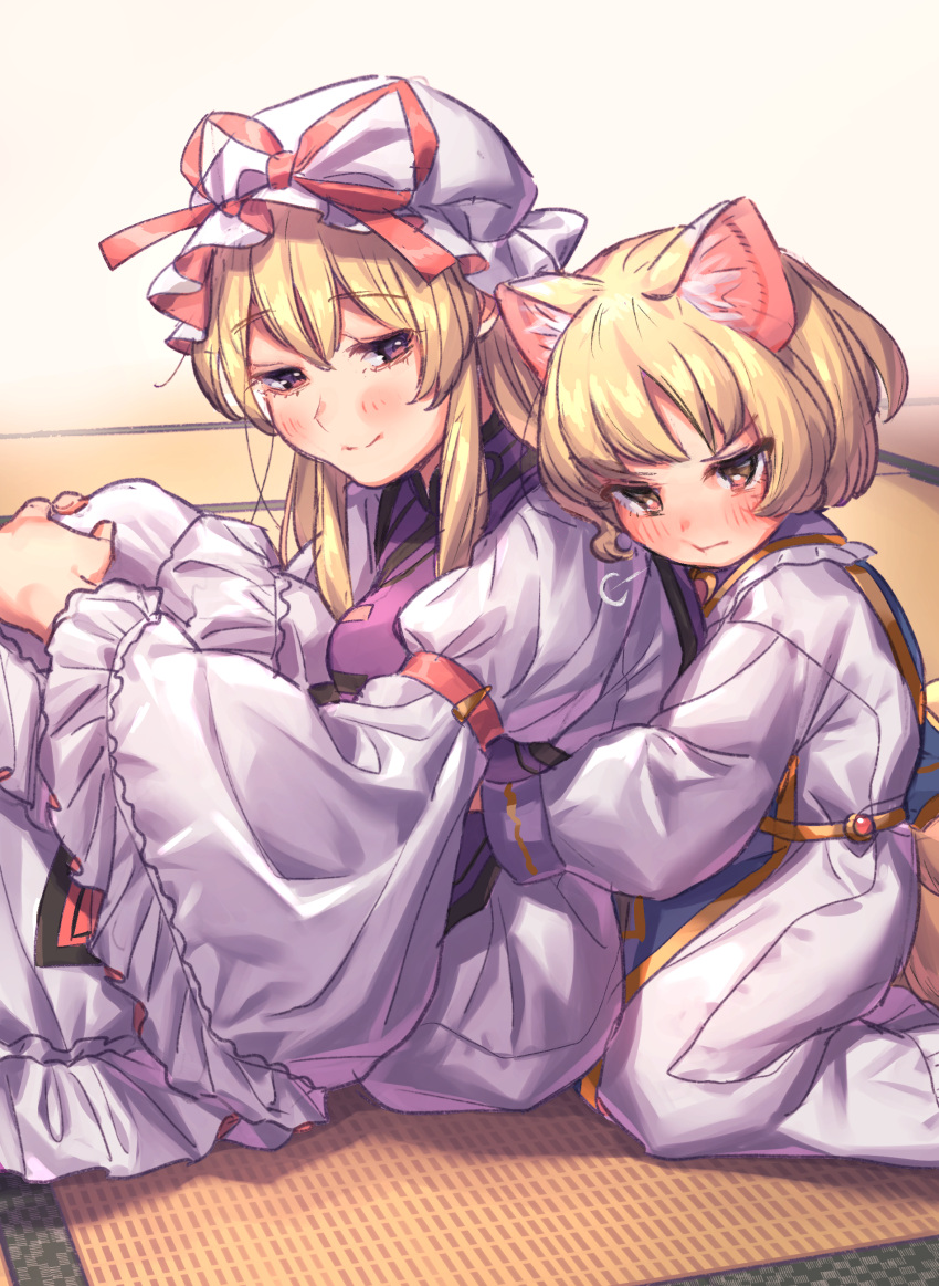 2girls :t =3 absurdres aged_down animal_ear_fluff animal_ears arm_garter arm_strap blonde_hair blush breasts closed_mouth collar dress fox_ears fox_tail frilled_collar frilled_sleeves frills frown hands_on_own_knees hat hat_ribbon head_on_another's_shoulder highres hug hug_from_behind indoors juliet_sleeves kneeling knees_up large_breasts long_hair long_sleeves looking_at_another looking_back mandarin_collar masanaga_(tsukasa) mob_cap multiple_girls no_headwear on_floor puffy_sleeves red_ribbon ribbon robe short_hair sidelocks sitting size_difference smile tabard tail tatami touhou tsundere v-shaped_eyebrows white_dress white_robe wide_sleeves yakumo_ran yakumo_yukari yellow_eyes