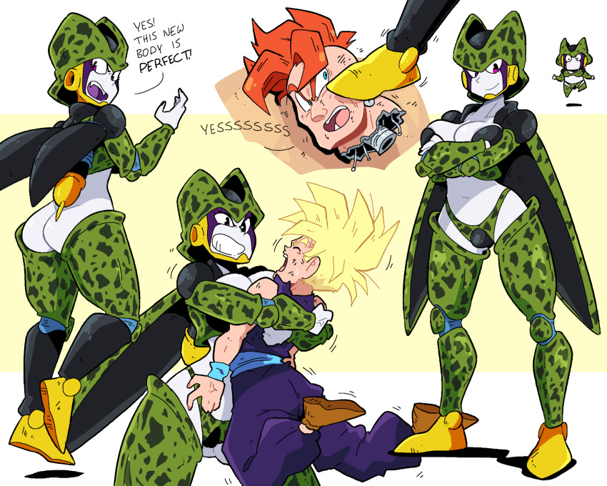 1girl 2boys :d android_16 ass bare_shoulders breasts brown_footwear cell_(dragon_ball) cleavage closed_mouth collarbone colored_skin dragon_ball dragon_ball_z english_text fangs foot_on_another's_face genderswap genderswap_(mtf) green_skin grin highres hug mohawk multiple_boys navel orange_hair perfect_cell scott_malin short_hair smile son_gohan spiked_hair super_saiyan super_saiyan_1 teeth tongue upper_teeth_only white_background white_skin wings yellow_background
