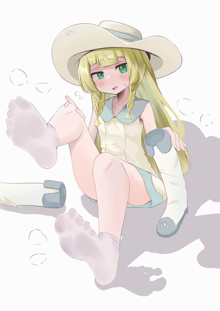 1girl absurdres bare_legs blonde_hair blunt_bangs blush boots boots_removed braid collared_dress commentary_request commission dress feet flying_sweatdrops hat highres holding holding_boots holding_clothes holding_footwear knees lillie_(pokemon) long_hair looking_at_viewer lts_kakuyo open_mouth pokemon pokemon_(game) pokemon_sm short_dress sitting skeb_commission sleeveless sleeveless_dress smile socks soles solo sweatdrop twin_braids white_background