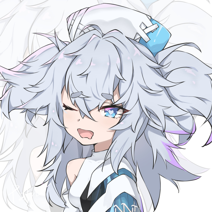 1girl ;o absurdres blue_eyes commentary florence_(girls'_frontline_nc) girls'_frontline girls'_frontline_neural_cloud grey_hair heart heart-shaped_pupils highres looking_at_viewer medium_hair messy_hair nurse one_eye_closed open_mouth pa-15_(girls'_frontline) pakua short_eyebrows single_bare_shoulder solo symbol-shaped_pupils touhou upper_body zoom_layer