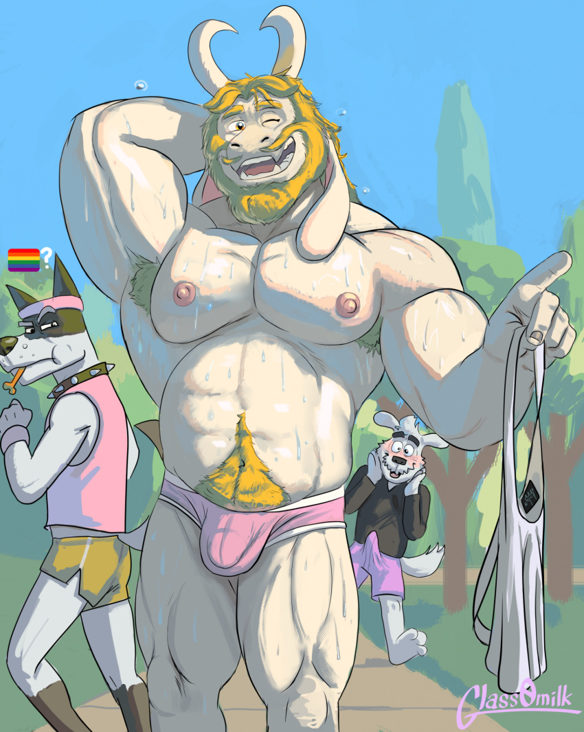 2_horns anthro asgore_dreemurr bodily_fluids bovid canid canine canis caprine clothed clothing dogamy doggo_(undertale) domestic_dog erection erection_under_clothing glass0milk goat group hi_res horn male male/male mammal muscular muscular_anthro muscular_male nipples pecs sweat trio undertale undertale_(series)