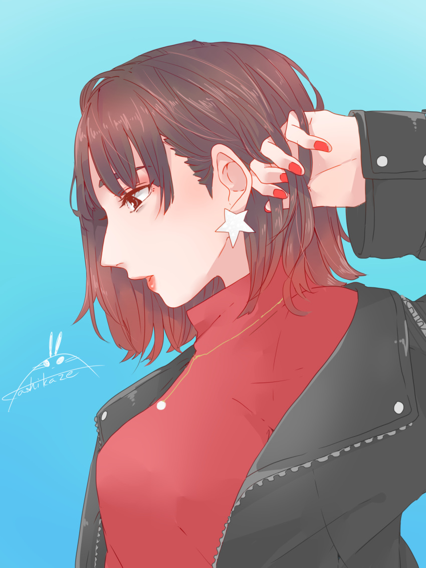 1girl black_jacket blue_background breasts brown_eyes brown_hair commentary_request earrings gradient_background hand_in_own_hair highres inami_anju jacket jewelry kashikaze lips long_sleeves medium_breasts medium_hair nail_polish necklace real_life red_nails red_shirt shirt signature sleeves_past_wrists solo star_(symbol) star_earrings upper_body voice_actor