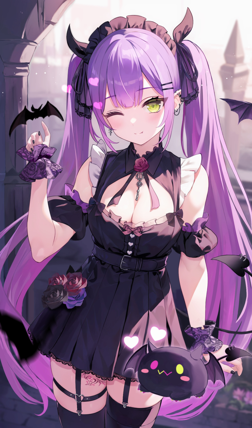 1girl ;) aria_(ariacue) arm_strap bat_(animal) black_dress black_flower black_nails black_ribbon black_rose blurry blurry_foreground breasts cleavage cleavage_cutout clothing_cutout cowboy_shot demon_tail dress ear_piercing earrings fang fang_out flower garter_straps green_eyes hair_ribbon highres hololive jewelry long_hair maid_headdress medium_breasts mismatched_earrings nail_polish neck_ribbon one_eye_closed piercing pleated_dress purple_flower purple_hair purple_rose red_flower red_rose ribbon rose short_dress skindentation sleeveless sleeveless_dress smile solo standing tail tokoyami_towa twintails very_long_hair virtual_youtuber wrist_cuffs zettai_ryouiki