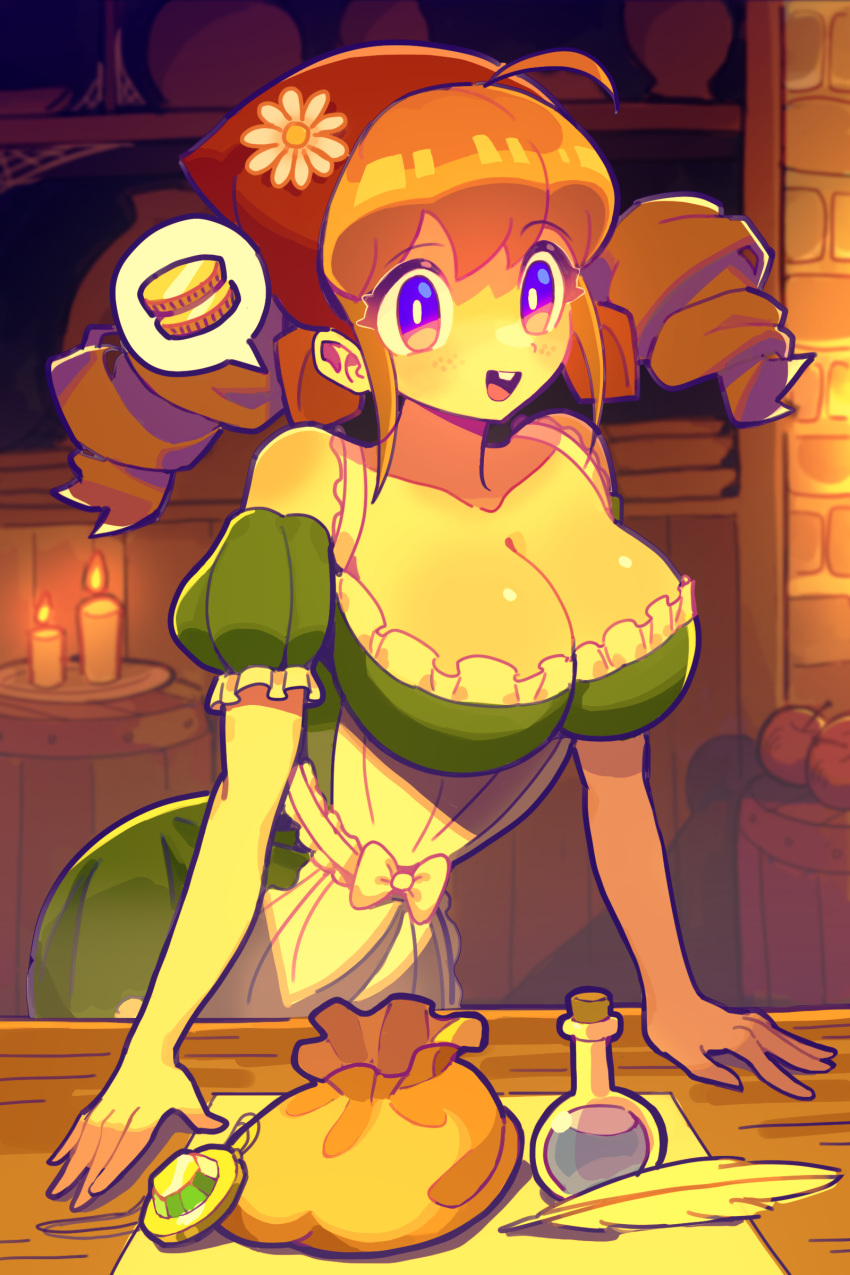 1girl :d absurdres ahoge apple apron bandana blue_eyes bow breasts brown_hair buck_teeth candle cleavage coin dress drill_hair food freckles fruit gem green_dress green_gemstone highres indoors large_breasts looking_at_viewer maid_apron original photoreceptor potion pouch quill red_bandana sidelocks silk smile solo spider_web spoken_object tavern teeth twin_drills twintails waitress white_bow