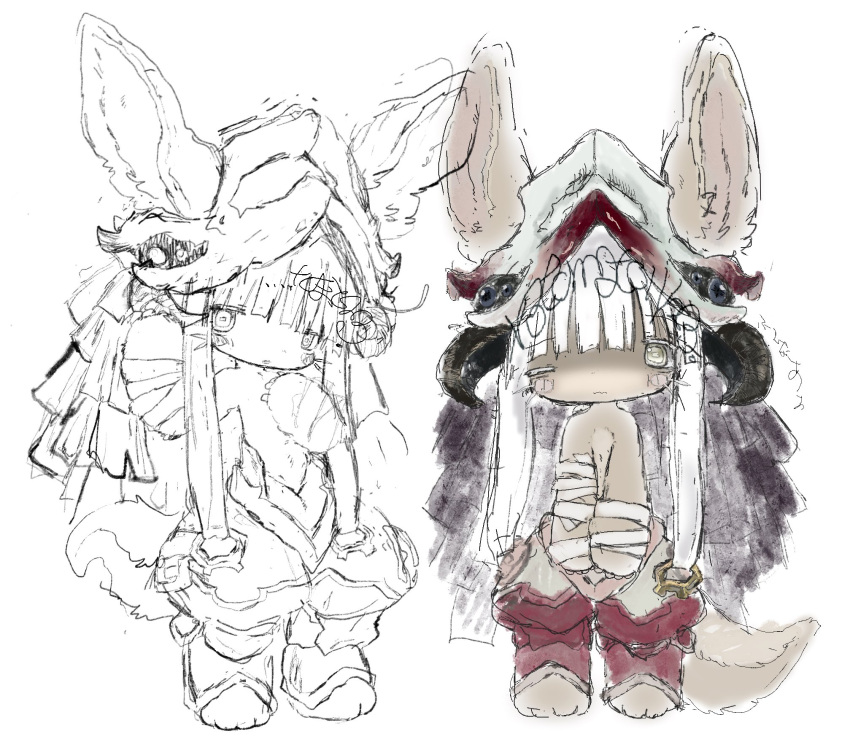 1other animal_ears bandaged_arm bandages blunt_bangs closed_mouth helmet highres looking_at_viewer made_in_abyss multiple_views nanachi_(made_in_abyss) one_eye_closed other_focus simple_background tail whiskers white_background white_hair x3tamago