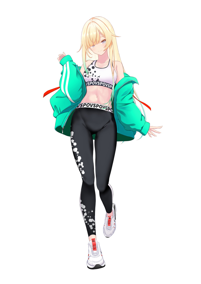 1girl absurdres aizawa_ema aqua_hair bare_shoulders black_pants blonde_hair clothes_writing commentary_request copyright_name gradient_hair green_jacket grey_eyes hair_flaps hair_over_one_eye highres jacket long_hair long_sleeves looking_at_viewer midriff multicolored_hair navel nouto off_shoulder open_clothes open_jacket pants shoes simple_background smile sneakers solo sports_bra sportswear very_long_hair virtual_youtuber vspo! walking white_background white_footwear white_sports_bra