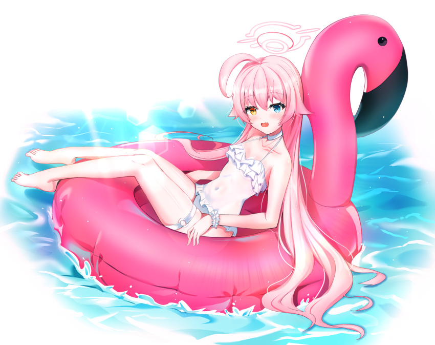 afloat alternate_costume bare_legs barefoot blue_archive breasts choker collarbone heterochromia highres hoshino_(blue_archive) innertube j.j_(66752902) leaning_back ocean one-piece_swimsuit outdoors pink_hair scrunchie sitting small_breasts spaghetti_strap stuffed_flamingo sunlight swimsuit thighlet toes white_choker white_one-piece_swimsuit wrist_scrunchie