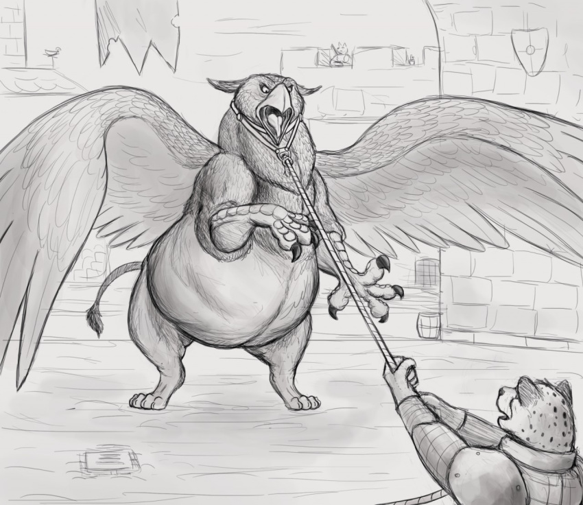 ambiguous_gender angry anthro armor avian beak belly big_belly castle duo felid feral greyscale_background gryphon lasso leopard male mammal mythological_avian mythology on_two_legs open_mouth overweight pantherine restraints sketch spread_wings thatgryphonguy tongue wings