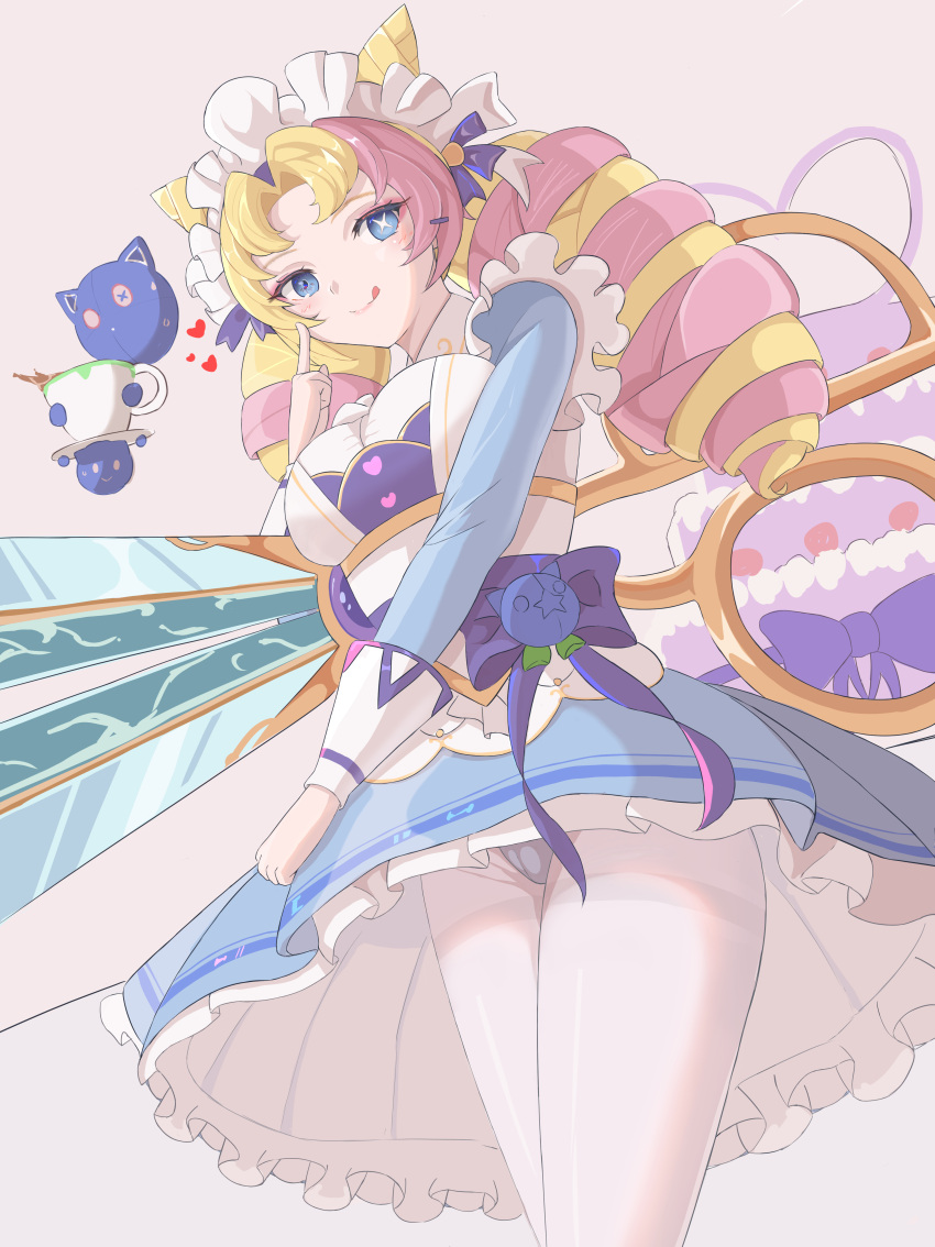 1girl :q absurdres blonde_hair blue_dress blue_eyes bow breasts cafe_cuties_gwen closed_mouth cone_hair_bun cowboy_shot cup dress drill_hair gwen_(league_of_legends) hair_bun hand_up heart highres holding holding_scissors large_breasts league_of_legends long_hair long_sleeves looking_at_viewer maid_headdress multicolored_hair oversized_object panties panties_under_pantyhose pantyhose parted_bangs pink_hair purple_bow quan_mao_zi scissors smile solo tongue tongue_out twin_drills twintails two-tone_hair underwear white_pantyhose