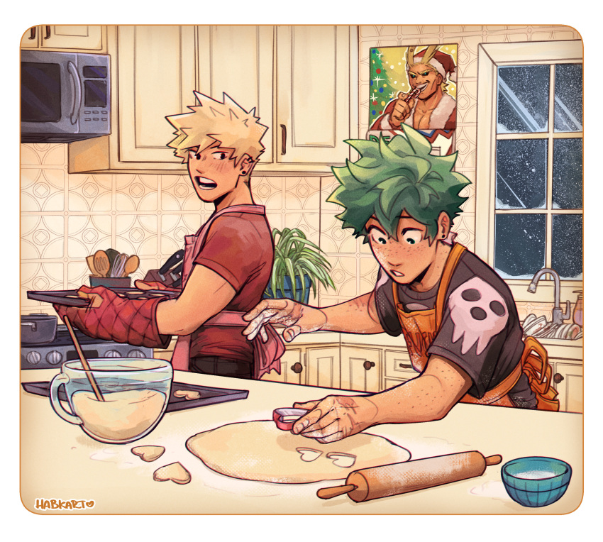 2boys absurdres all_might apron artist_name baking bakugou_katsuki black_shirt blonde_hair body_freckles boku_no_hero_academia cabinet calendar_(object) commentary cookie_cutter english_commentary freckles green_eyes green_hair habkart hat heart highres holding holding_tray indoors kitchen looking_at_another male_focus microwave midoriya_izuku multiple_boys open_mouth orange_apron oven_mitts pink_apron red_eyes red_shirt rolling_pin santa_costume santa_hat scar scar_on_hand shirt short_hair short_sleeves sink spiked_hair standing stove t-shirt tray wooden_spoon