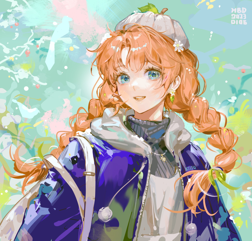 1girl :d artist_name bag blue_background blue_coat blue_eyes braid coat dated earrings flower_earrings food-themed_hat hat highres hood hood_down jewelry long_hair looking_at_viewer open_mouth orange_hair original shoulder_bag simple_background smile solo teeth turtleneck twin_braids upper_body xi_liu