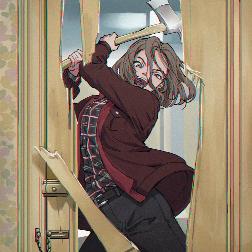 absurdres axe belt black_belt black_pants breast_pocket brown_eyes brown_hair buttons doorway eyelashes hair_between_eyes highres holding holding_axe jacket jose_(tkd-yk) long_sleeves open_mouth original pants plaid plaid_shirt pocket red_jacket shirt short_hair swinging teeth the_shining