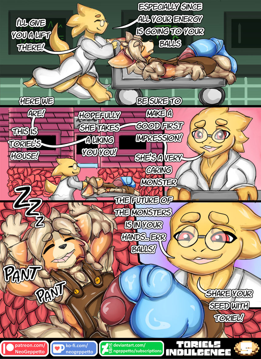 alphys anthro balls big_balls big_breasts big_penis bodily_fluids breasts canid canine clothed clothing comic condom cum digital_media_(artwork) duo english_text erection eyewear female filled_condom fox genital_fluids genitals hair hi_res huge_balls huge_penis hyper hyper_balls hyper_genitalia hyper_penis lizard male mammal neo_geppetto penis reptile scalie sexual_barrier_device simple_background slightly_chubby smile text thick_thighs undertale undertale_(series) url wide_hips yellow_body