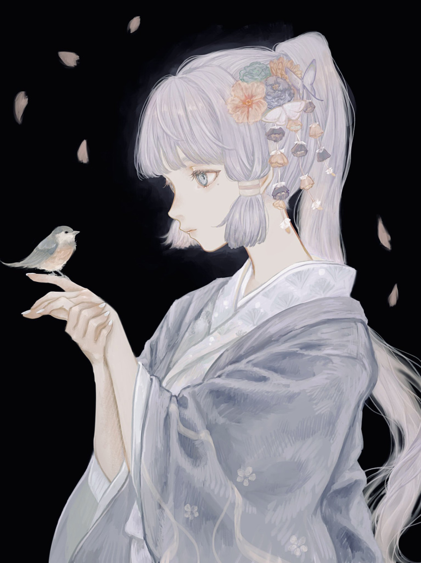 1girl bird bird_on_hand black_background blue_eyes blue_flower blue_hair bug butterfly cherry_blossoms expressionless facing_to_the_side flower genshin_impact hair_flower hair_ornament high_ponytail highres japanese_clothes kamisato_ayaka kimono light_blue_hair long_sleeves looking_down pink_flower purple_butterfly purple_flower purple_kimono shirone_(coxo_ii) solo white_butterfly