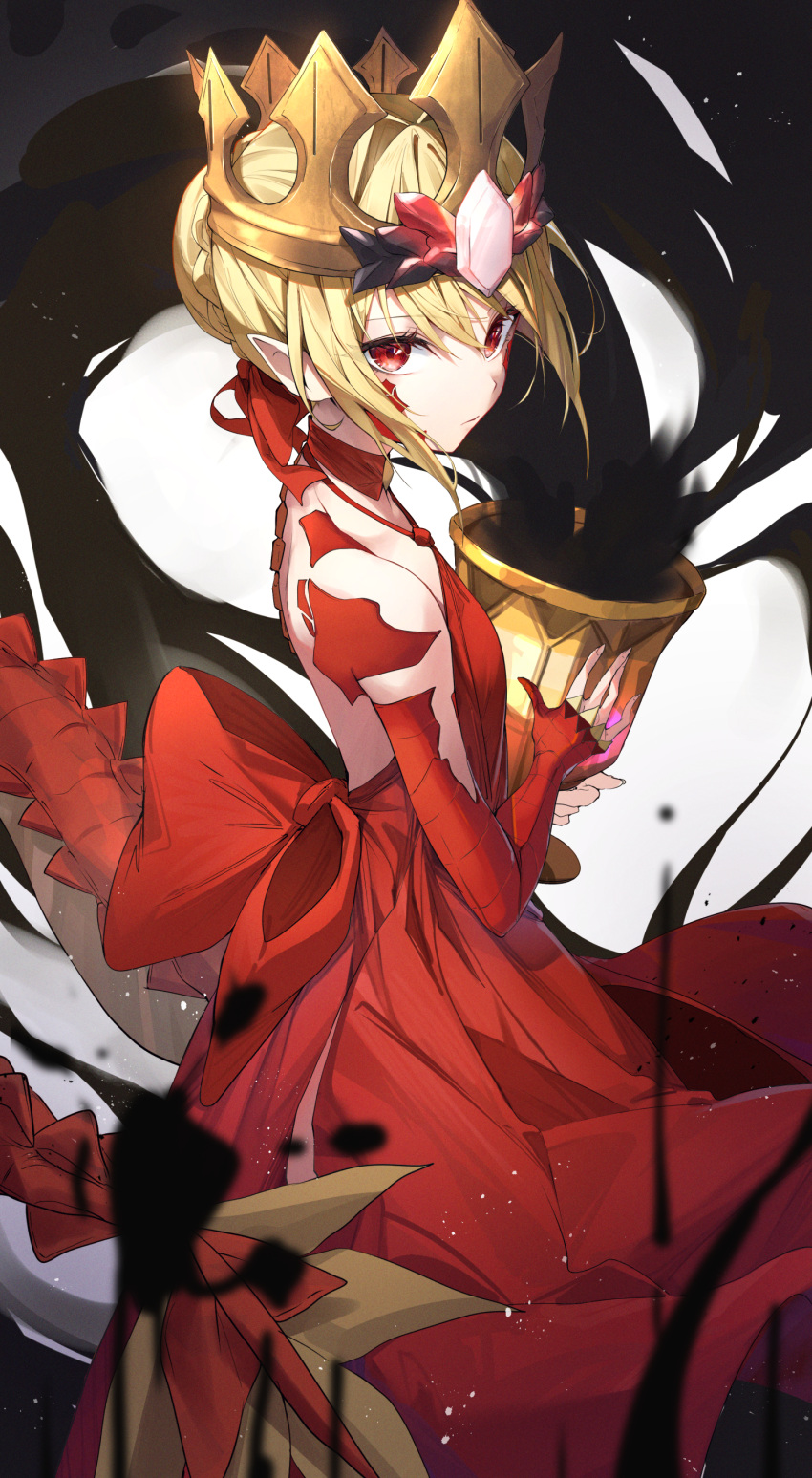 1girl absurdres ahoge bare_shoulders blonde_hair braid breasts chalice crown dragon_tail dress facial_mark fate/grand_order fate_(series) french_braid hair_bun hair_intakes hair_ribbon herigaru_(fvgyvr000) highres long_hair looking_at_viewer nero_claudius_(fate) pointy_ears queen_draco_(fate) queen_draco_(first_ascension)_(fate) red_dress red_eyes red_ribbon ribbon scales small_breasts solo tail