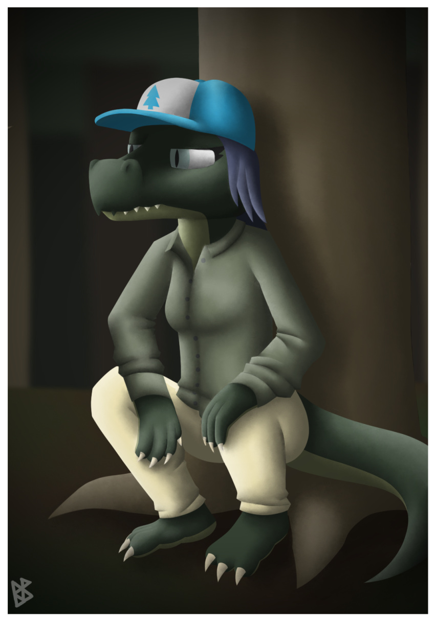 alligator alligatorid anthro beabea. beabea_(character) blue_clothing blue_eyes blue_hair blue_hat blue_headwear border bottomwear clothing crocodilian crouching disney female forest forest_background gravity_falls green_clothing green_shirt green_topwear hair hat headgear headwear hi_res highlights_(coloring) nature nature_background pants plant reptile scalie shirt solo tan_bottomwear tan_clothing tan_pants tan_underbelly topwear tree white_border