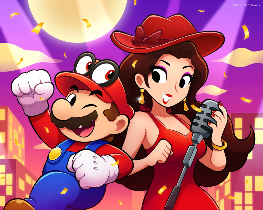 1boy 1girl 1other blue_overalls boots bracelet brown_footwear brown_hair building cappy_(mario) cityscape clenched_hands cloud dress earrings facial_hair full_moon gloves hat highres holding holding_microphone jewelry long_hair looking_at_another mario mario_(series) microphone moon mustache one_eye_closed open_mouth outdoors overalls pauline_(mario) purple_sky red_dress red_headwear red_nails red_shirt shirt short_hair sky skyscraper super_mario_odyssey vinny_(dingitydingus) white_gloves