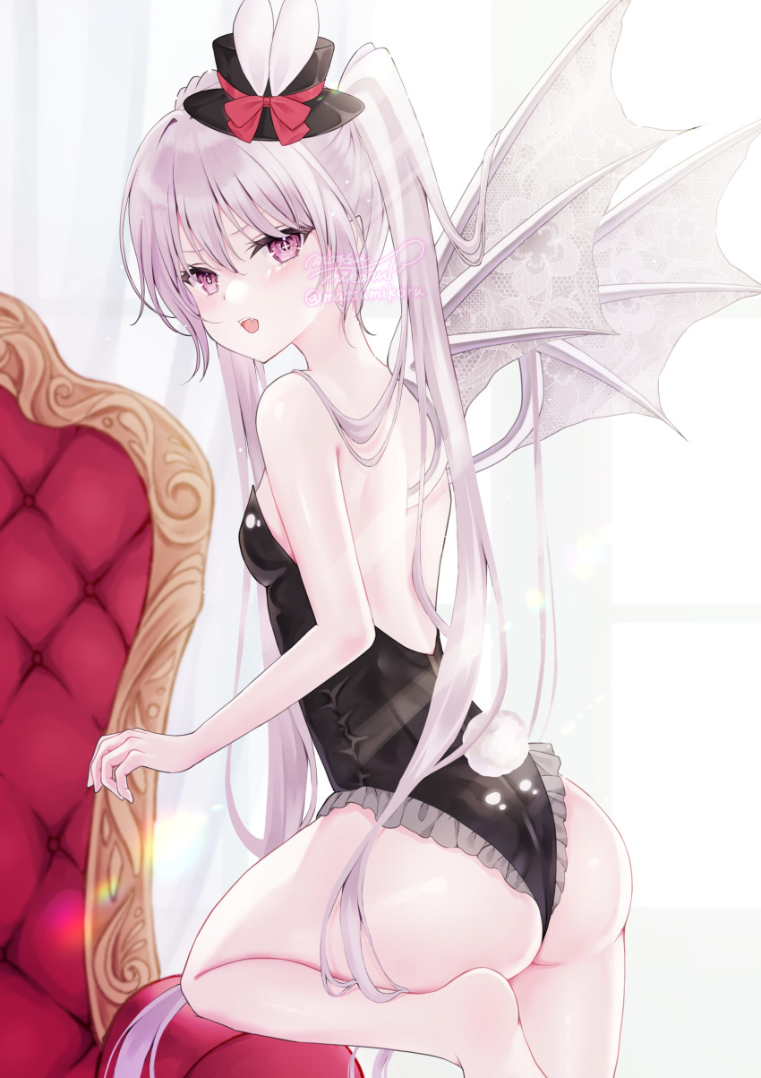 1girl absurdres armchair ass backless_leotard barefoot black_headwear black_leotard breasts chair commentary cross-shaped_pupils demon_girl demon_wings fake_tail fangs frilled_leotard frills hat hat_with_ears highres knee_up leotard light_blush long_hair looking_at_viewer mini_hat murur_(matsumikoru) nontraditional_playboy_bunny open_mouth original pink_eyes pink_hair playboy_bunny rabbit_tail small_breasts solo strapless strapless_leotard symbol-shaped_pupils tail twintails very_long_hair watermark white_wings wings