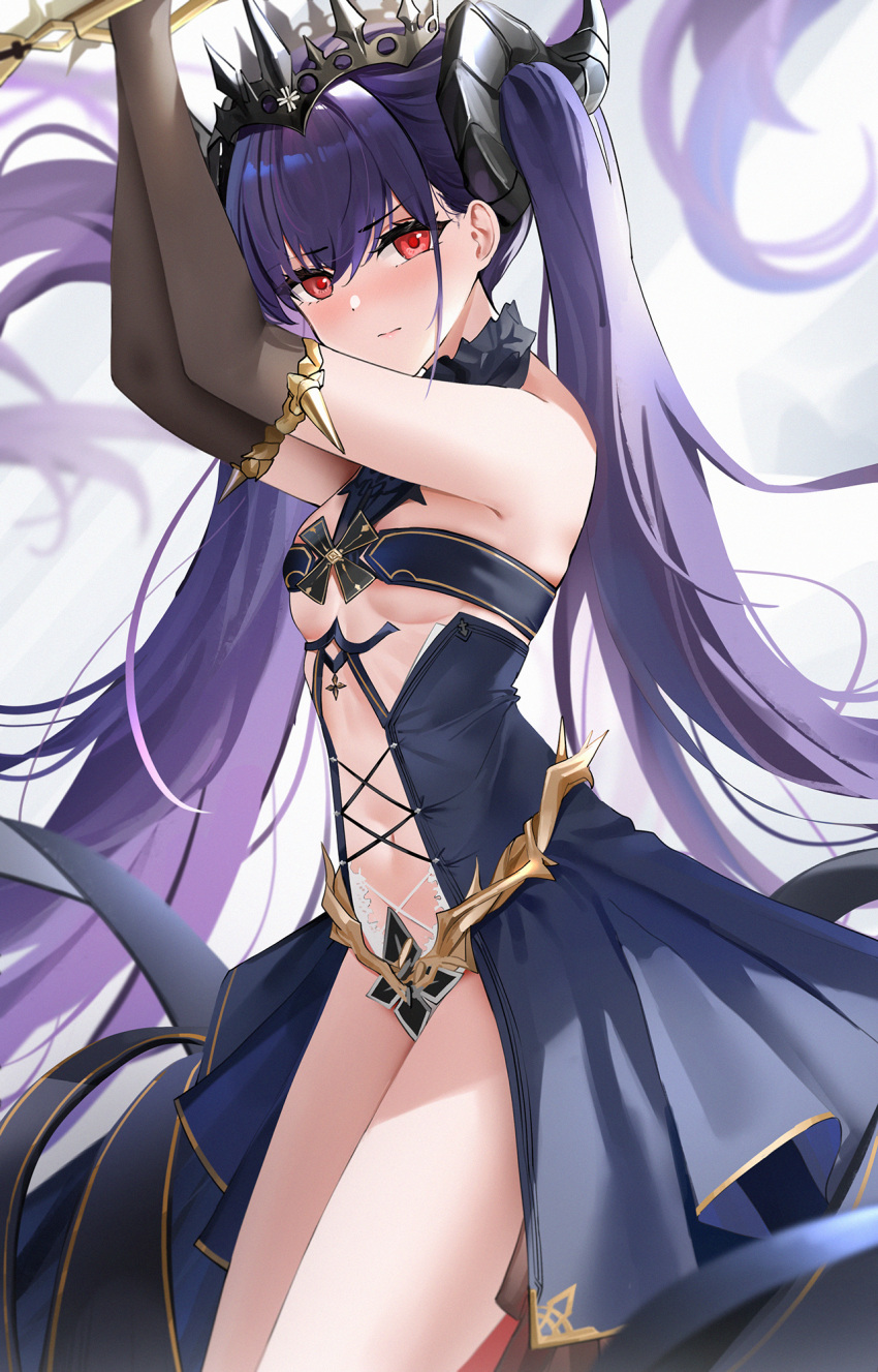 1girl arms_up azur_lane breasts clothing_cutout crown dress elbow_gloves felix_schultz_(azur_lane) gloves highres horns navel purple_hair qing_wu red_eyes showgirl_skirt sleeveless sleeveless_dress small_breasts solo stomach_cutout thorns twintails