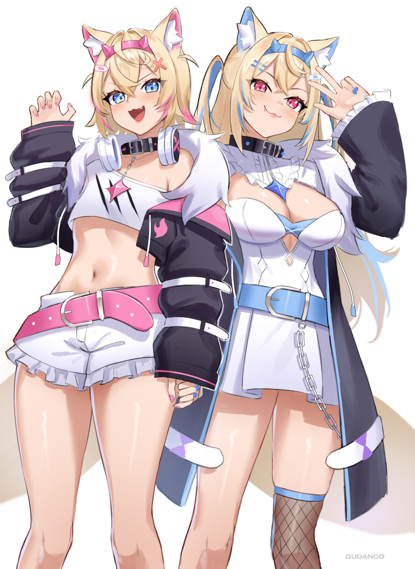 2girls :3 absurdres animal_collar animal_ears belt black_jacket blonde_hair blue_belt blue_hair blue_nails breasts cleavage_cutout clothing_cutout collar crop_top cross_hair_ornament dog_ears dog_girl dog_tail dress fishnets flat_chest frilled_shorts frills fuwawa_abyssgard gudanco_(nyanmeowzer) hair_ornament hairband hairclip highres holding_hands hololive hololive_english jacket large_breasts long_sleeves medium_hair midriff mococo_abyssgard multicolored_hair multiple_girls nail_polish navel pink_belt pink_hair pink_nails shirt shorts simple_background streaked_hair tail thighhighs v virtual_youtuber white_dress white_shirt