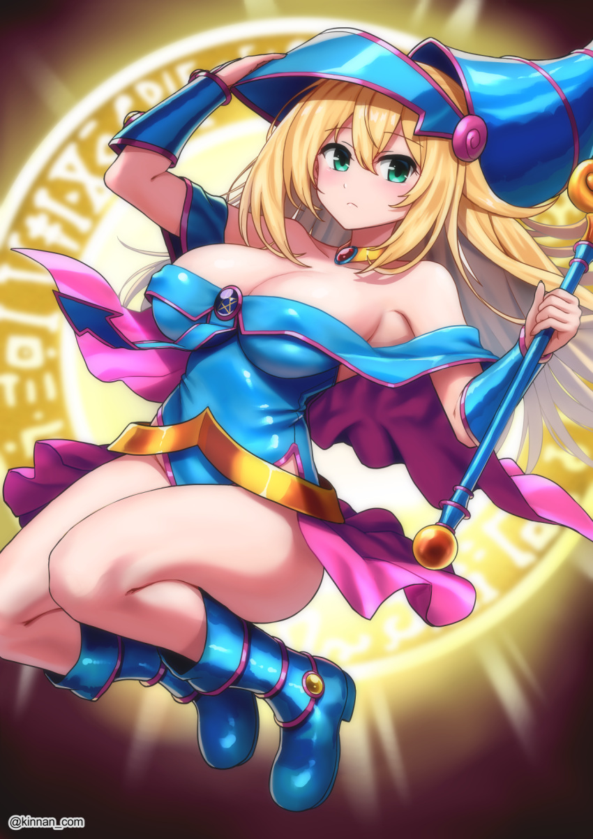 1girl bare_shoulders blonde_hair blue_footwear blue_headwear blush boots breasts cleavage collarbone dark_magician_girl duel_monster green_eyes hair_between_eyes hat highres holding holding_wand kinnan large_breasts looking_at_viewer magic_circle revision solo wand wizard_hat yu-gi-oh!