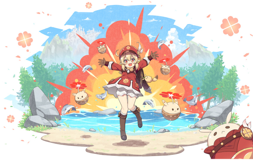 1girl :d ahoge animal backpack bag blonde_hair bloomers blue_sky blush boots brown_footwear brown_gloves cabbie_hat cliff commentary_request day dress explosion fish genshin_impact gloves hair_between_eyes hat hatsunatsu jumping klee_(genshin_impact) knee_boots kneehighs long_hair long_sleeves looking_at_viewer low_twintails o_o outstretched_arms puffy_long_sleeves puffy_sleeves red_dress red_eyes red_headwear ribbed_socks ruins short_twintails sky smile socks solo teardrop tree twintails underwear water white_bloomers white_socks