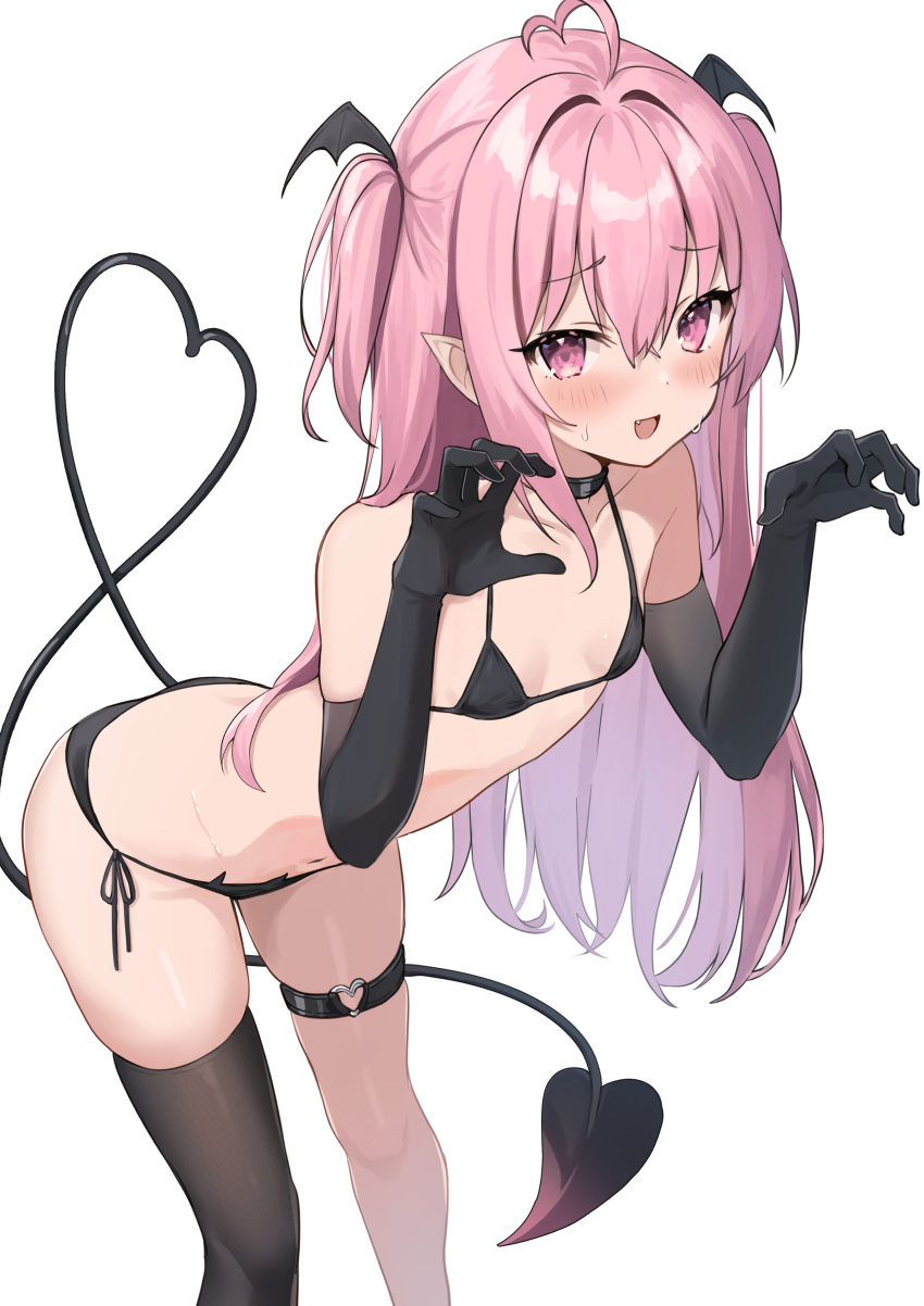 1girl absurdres ahoge bikini black_bikini black_choker black_gloves black_tail black_thighhighs black_wings choker claw_pose commentary_request demon_tail elbow_gloves fang feet_out_of_frame flat_chest gloves hair_between_eyes head_wings heart heart_tail highres leaning_forward long_hair looking_at_viewer navel o-ring o-ring_thigh_strap okiq open_mouth original pink_eyes pink_hair pointy_ears side-tie_bikini_bottom simple_background single_thighhigh solo sweatdrop swimsuit tail thigh_strap thighhighs two_side_up white_background wings