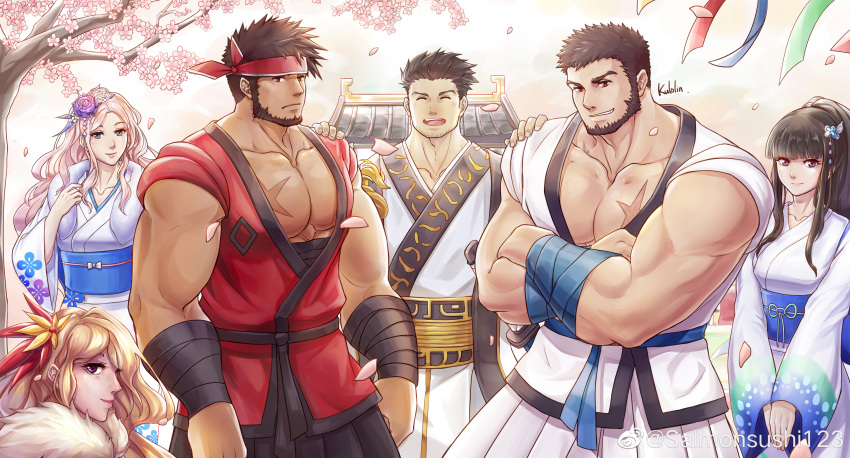 3boys 3girls absurdres alternate_costume bandaged_arm bandages bara beard brown_hair character_request check_character cherry_blossoms cross_scar crossed_arms dark-skinned_male dark_skin dougi dungeon_and_fighter facial_hair falling_petals feet_out_of_frame hanami hand_on_another's_shoulder headband highres japanese_clothes kimono kulolin large_pectorals long_hair looking_at_viewer male_priest_(dungeon_and_fighter) male_priest_(kulolin) mature_male midriff_sarashi multiple_boys multiple_girls muscular muscular_male original own_hands_together pectoral_cleavage pectorals petals red_eyes red_headband sarashi scar scar_on_chest short_hair sideburns smile tied_sleeves white_kimono