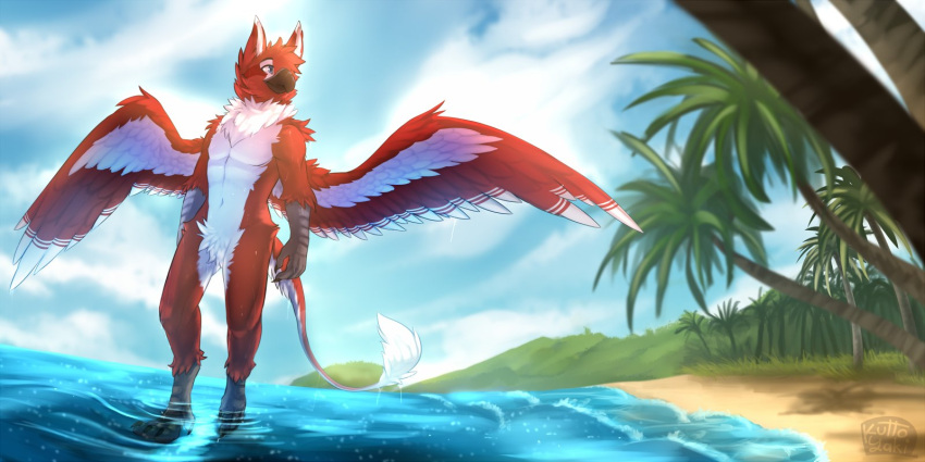 2:1 anthro avian blue_eyes blue_sky cloud crotch_tuft feathers front_view full-length_portrait glistening glistening_eyes gloves_(marking) head_tuft hi_res kuttoyaki leg_markings male markings mouth_closed navel nude palm_tree plant portrait red_body red_feathers shoulder_tuft signature sky socks_(marking) solo standing tail tail_tuft tree tuft white_body white_feathers