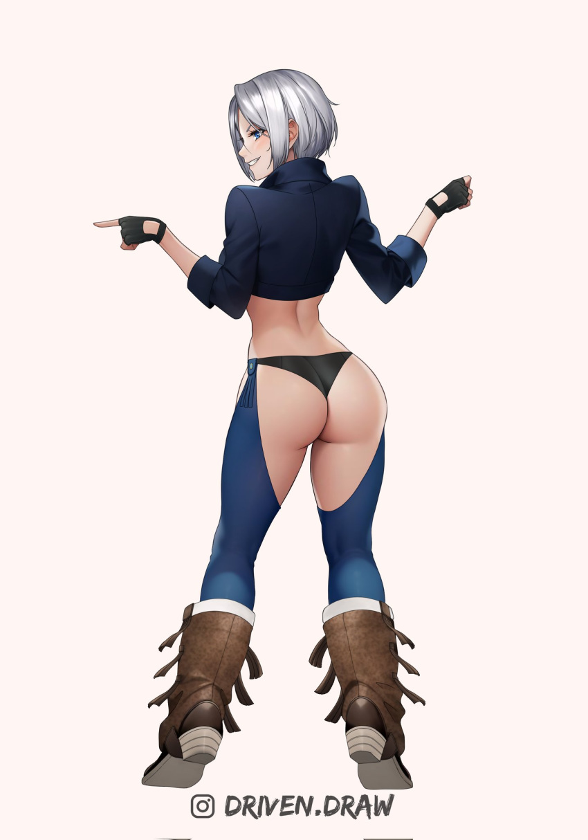 1girl angel_(kof) artist_name ass ass_focus back backless_pants bikini bikini_bottom_only blue_eyes boots butt_crack chaps commission cowboy_boots drawing drivendraw facing_away fingerless_gloves from_behind gloves hair_over_one_eye highres looking_at_viewer looking_back panties pants solo standing swimsuit the_king_of_fighters thighs underwear