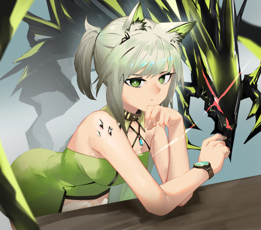 1girl animal_ear_fluff animal_ears ao_oni_(onioni-aoi) arknights bare_shoulders belt belt_collar bright_pupils brown_belt brown_collar cat_ears cat_girl closed_mouth collar counter diffraction_spikes dress expressionless fingernails green_dress green_eyes grey_hair halterneck hand_to_own_mouth hand_up highres jewelry kal'tsit_(arknights) leaning leaning_forward looking_at_viewer mon3tr_(arknights) oripathy_lesion_(arknights) pendant ponytail short_hair sidelocks sleeveless sleeveless_dress solo watch white_pupils wristwatch