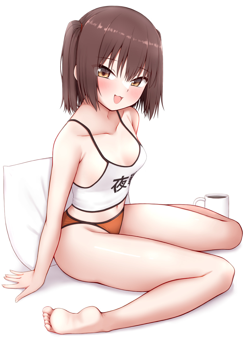 1girl absurdres barefoot breasts brown_eyes brown_hair camisole clothes_writing crop_top cup feet grin highres kantai_collection legs mug night_battle_idiot orange_panties panties pillow sendai_(kancolle) short_hair simple_background sitting small_breasts smile soles solo spaghetti_strap tiemu_(man190) toes two_side_up underwear wariza white_background white_camisole
