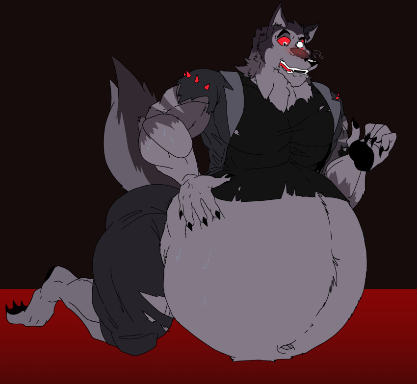 2022 absurd_res anthro barefoot belly big_belly bottomwear canid canid_demon claws clothed clothing demon eye_scar facial_scar fangs feet fur hand_on_stomach hellhound helluva_boss hi_res jacket jakeshepherd502 kneeling male mammal navel obese obese_anthro obese_male open_mouth overweight overweight_anthro overweight_male pants raised_tail red_eyes scar shirt shocked shocked_expression solo spiked_clothing spikes tail teeth toe_claws topwear torn_clothing vortex_(helluva_boss) wide_eyed