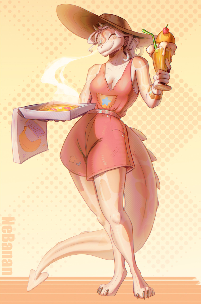 anthro breasts cleavage clothed clothing dessert dragon eyes_closed female food hair hat headgear headwear hi_res horn ice_cream nebanan pizza scalie simple_background smile solo spade_tail tail wingless_dragon