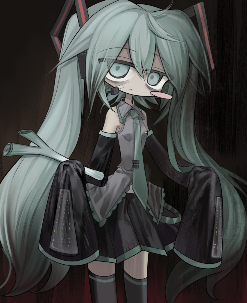 1girl :&lt; absurdres aqua_eyes aqua_hair aqua_necktie black_skirt black_sleeves cowboy_shot detached_sleeves hatsune_miku headphones highres long_hair meyou_0319 necktie skirt sleeveless solo spring_onion thighhighs twintails unamused very_long_hair vocaloid