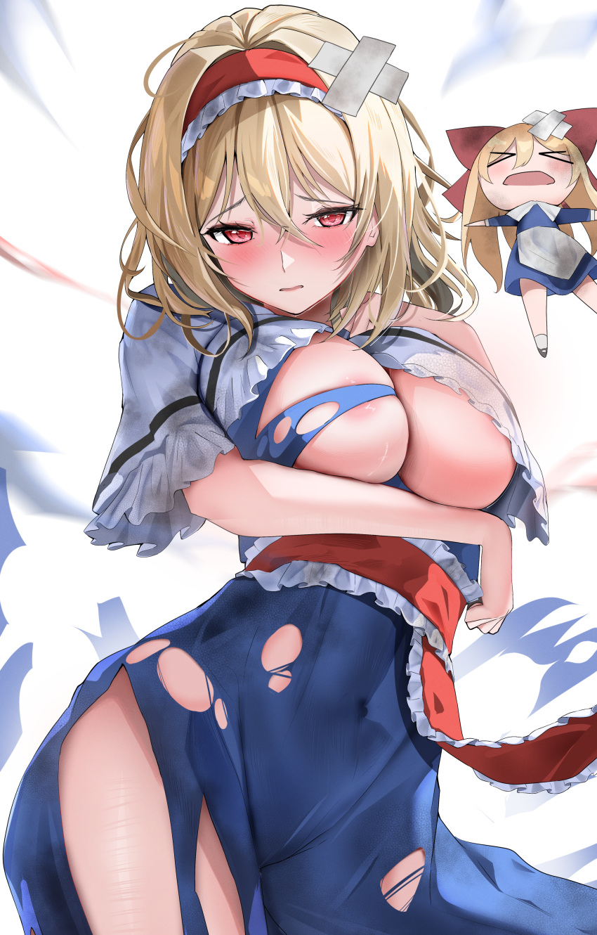 &gt;_&lt; 1girl 258n absurdres alice_margatroid areola_slip bandaid bandaid_on_head blonde_hair blue_dress blush breasts capelet commission covered_navel crossed_bandaids dress frilled_hairband frills hair_between_eyes hairband highres large_breasts looking_at_viewer pixiv_commission red_hairband shanghai_doll torn_clothes torn_dress touhou white_capelet