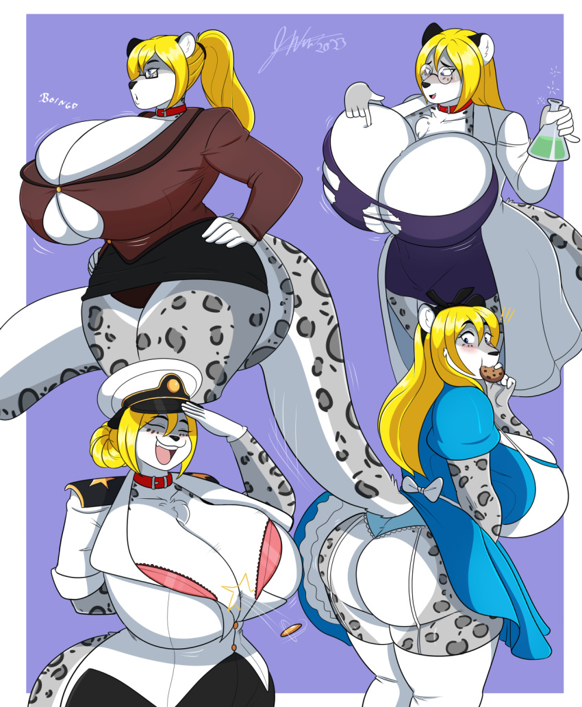 anthro big_breasts big_butt blonde_hair bottomwear breasts butt cleavage clothed clothing felid female fur hair hat headgear headwear hi_res huge_breasts hyper hyper_breasts jwinkz legwear mammal mature_female pantherine panties skirt snow_leopard solo spots spotted_body spotted_fur thigh_highs underwear