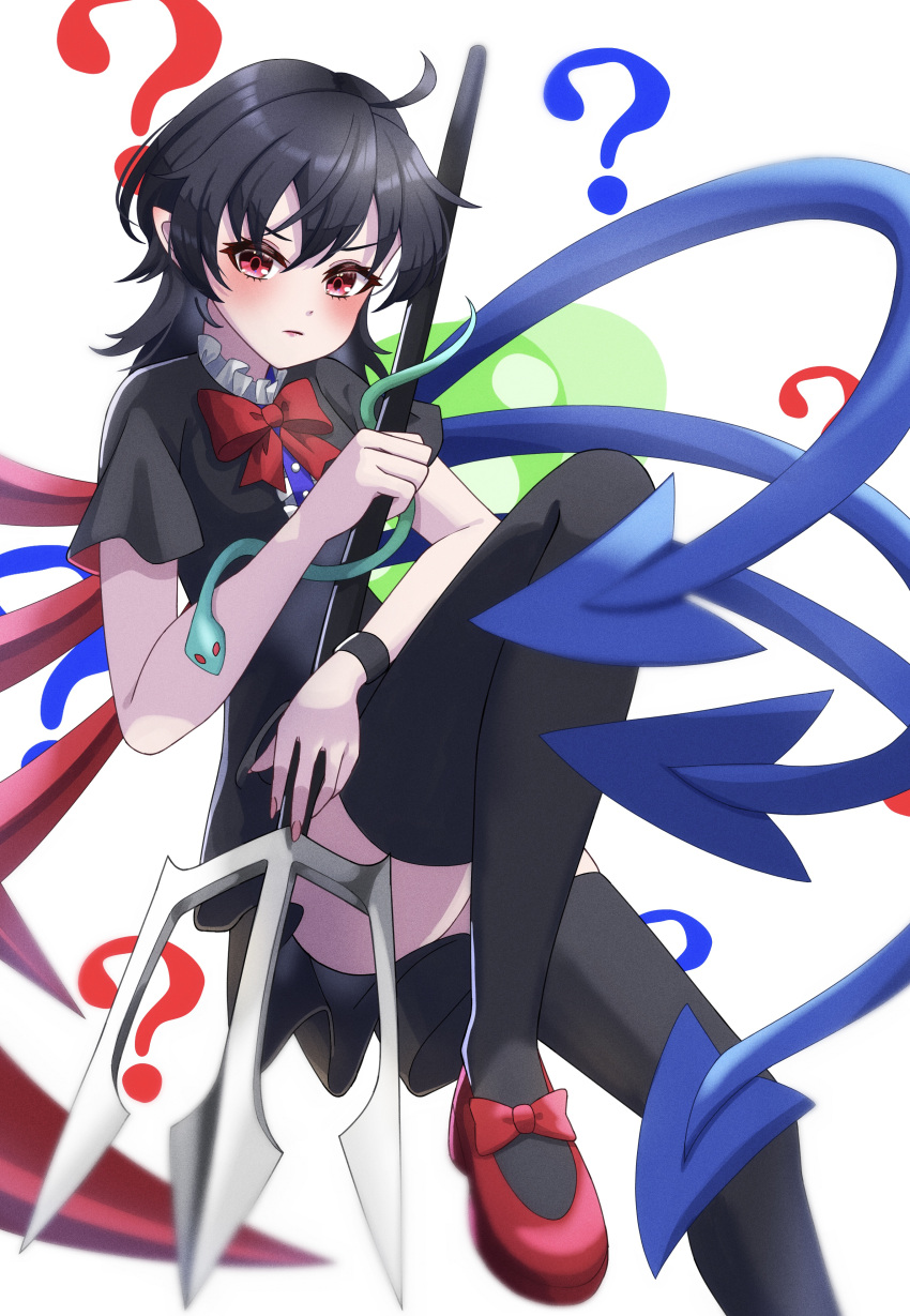 1girl ? absurdres ahoge asymmetrical_wings black_dress black_hair blue_wings blush bow bowtie breasts buttons center_frills closed_mouth commentary_request dress foot_out_of_frame footwear_bow frills hair_between_eyes highres holding holding_polearm holding_weapon houjuu_nue looking_at_viewer mary_janes medium_bangs medium_hair pointy_ears polearm potesayolover red_bow red_bowtie red_eyes red_footwear red_wings shoes short_dress short_sleeves small_breasts snake solo thighhighs touhou trident ufo v-shaped_eyebrows weapon white_background wings wristband
