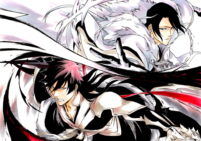 2boys absurdres armor black_hair bleach bleach:_brave_souls closed_mouth coat collarbone floating_hair fur_trim gauntlets hair_between_eyes highres holding holding_weapon incoming_attack ken'ichi_(ken1ro_u) kuchiki_byakuya kurosaki_ichigo looking_at_viewer male_focus multiple_boys orange_eyes purple_eyes reaching shoulder_armor sword weapon white_coat