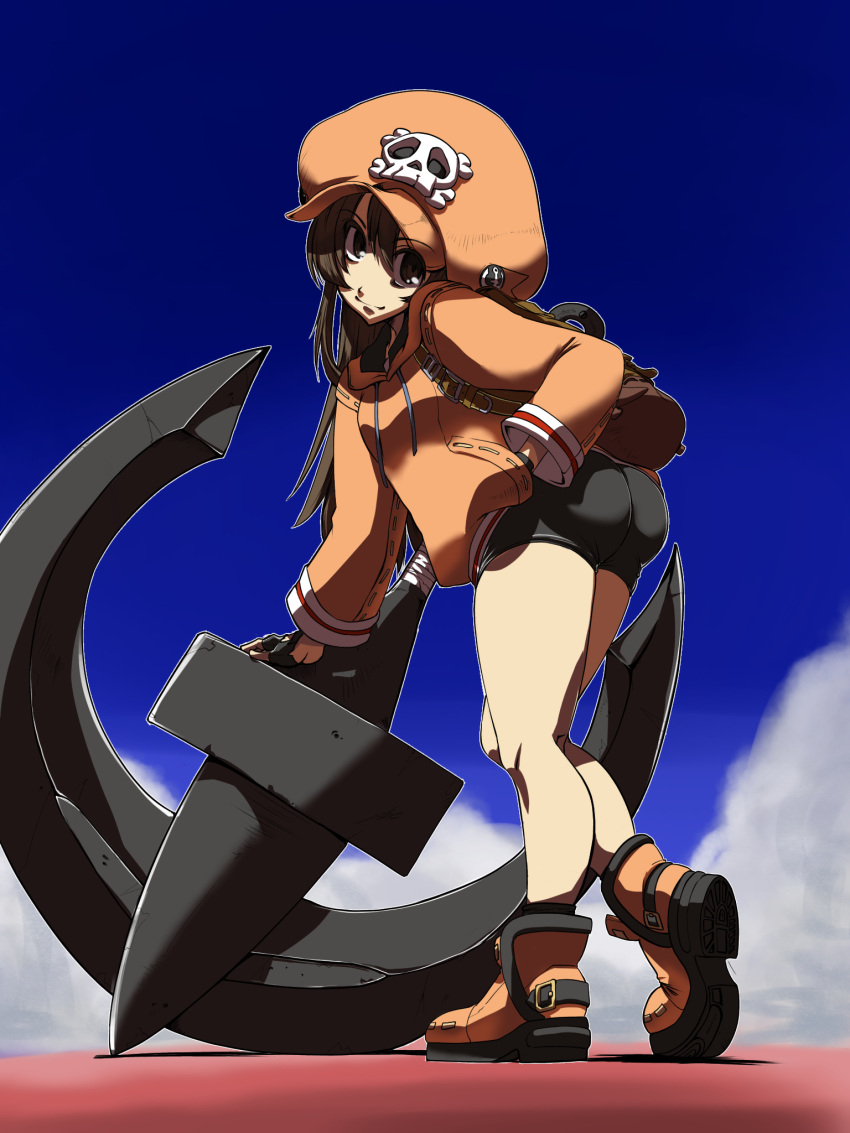 1girl anchor anchor_symbol arm_support ass backpack bag bare_legs bike_shorts black_gloves black_shorts brown_hair butt_crack cabbie_hat fingerless_gloves full_body gloves guilty_gear guilty_gear_strive hand_in_pocket hat hat_ornament highres hood hoodie long_hair long_sleeves looking_at_viewer may_(guilty_gear) orange_background orange_footwear orange_headwear orange_hoodie orange_shirt shirt shorts skull_and_crossbones skull_hat_ornament smile solo standing standing_on_one_leg tamotu_kun thighs